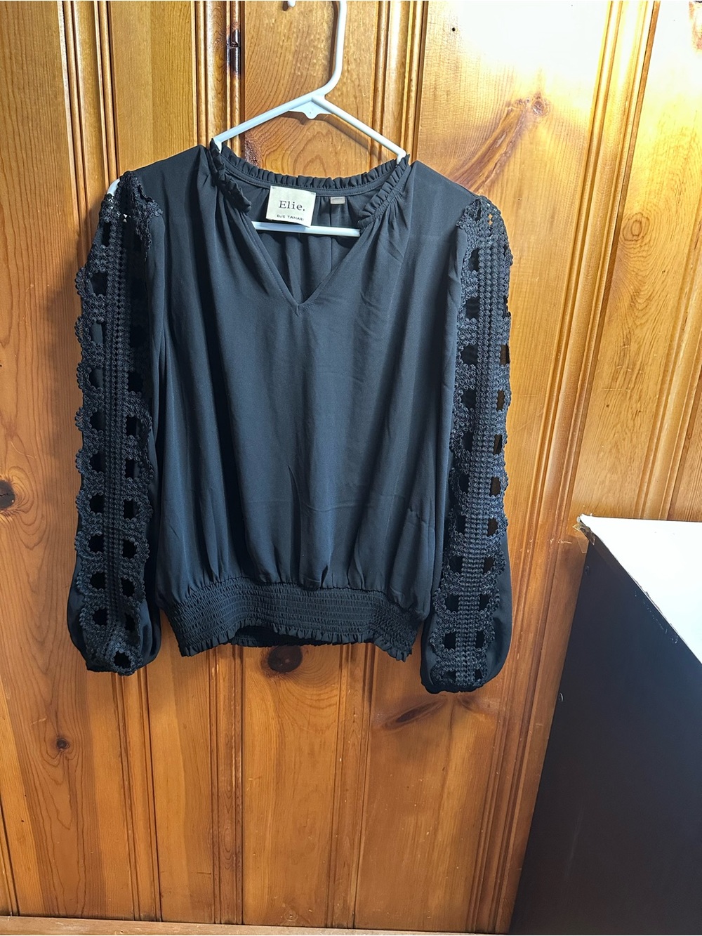 Elle Black Crochet-Sleeve V-Neck Blouse